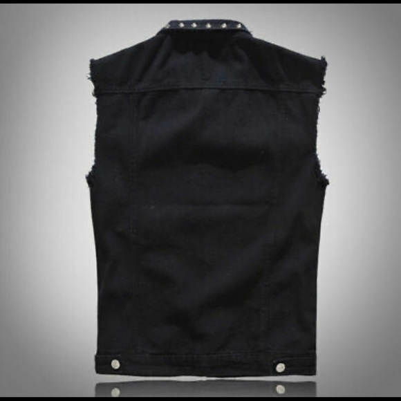 Mens Studded Denim Gilet Sleeveless Biker Jacket - Picture 2 of 3